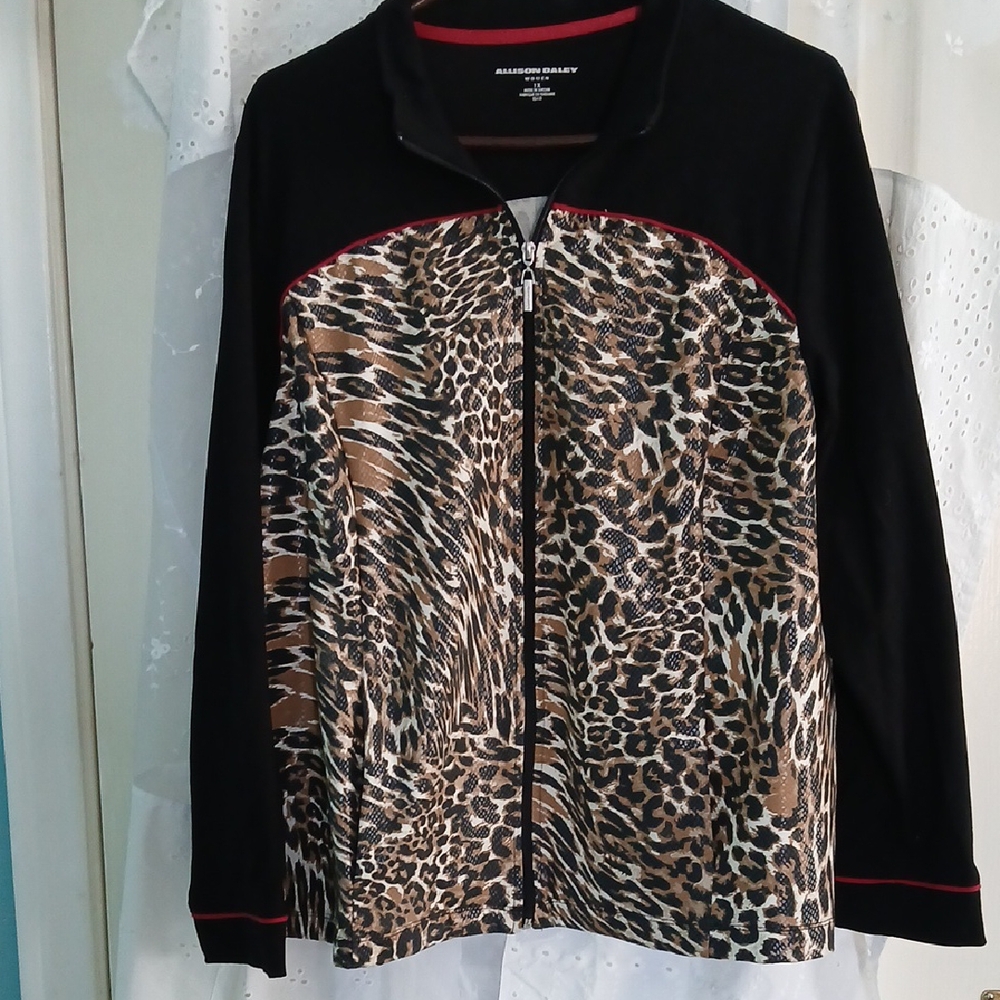 Allison Daley Black and Brown Leopard Print Bomber Jacket Size1X.